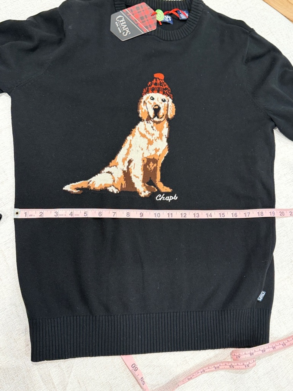 Chaps Black Knit Mens Sweater with Golden Retriever Graphic and Red Hat